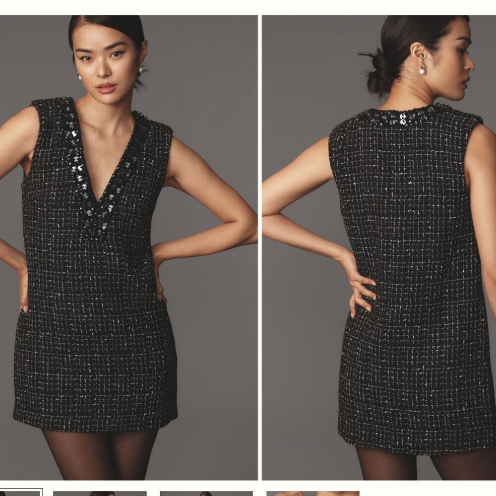 NWT Maeve V-Neck Tweed Mini Dress Women's Medium Black Silver